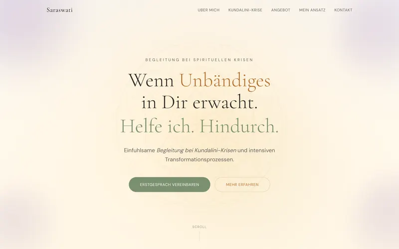 Startseite von Saraswati: helle, warme Fläche mit der Überschrift „Wenn Unbändiges in Dir erwacht“